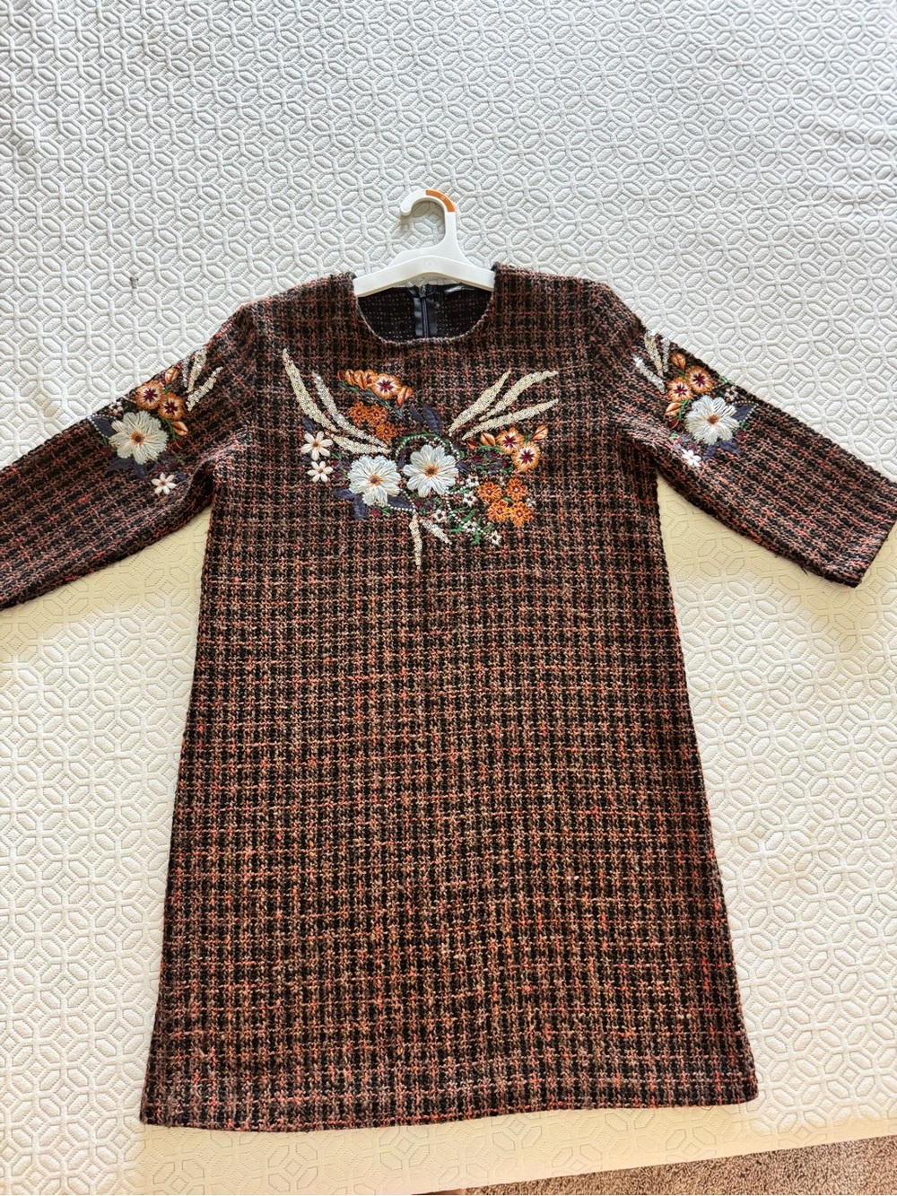 Zara Brown & Black Tweed Midi Dress with Floral Embroidery